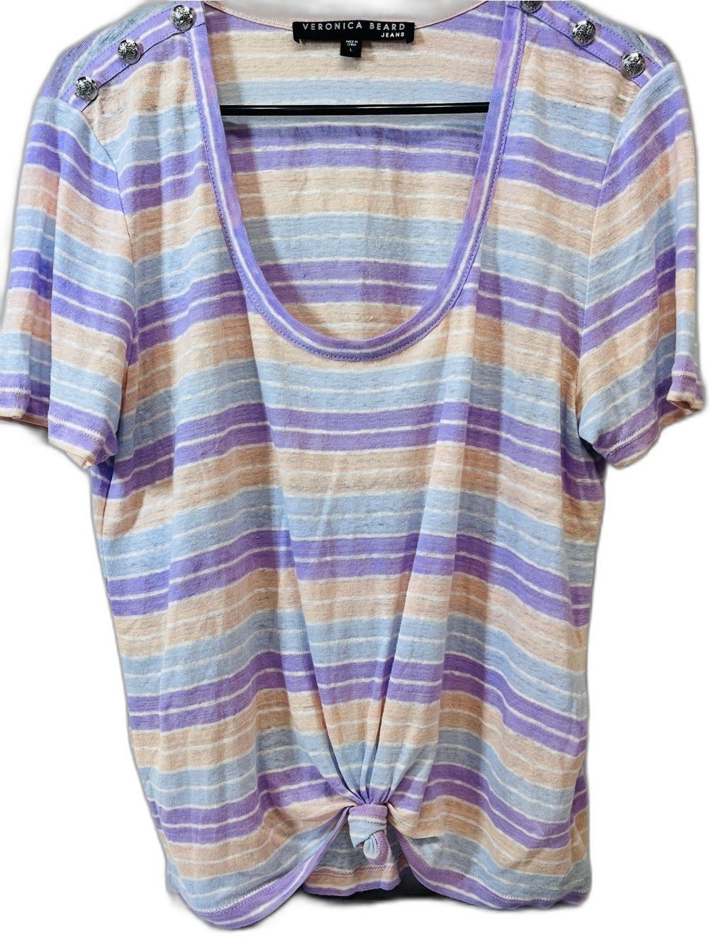 Veronica Beard Lavender, Light Blue & Tan Striped Tie-Front Short Sleeve Top